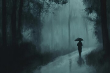 Obraz premium Silhouette of person with umbrella on rainy forest path