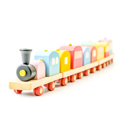 Wooden toy train with colorful carriages, isolated on white background
