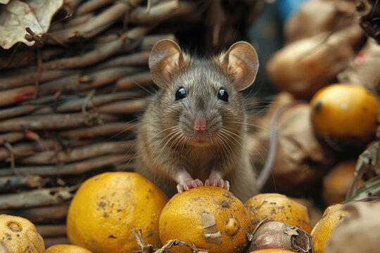a small mouse sitting among fruit, probably oranges or lemons. The mouse has large shiny eyes and long whiskers.   