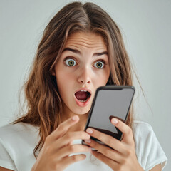 Naklejka premium a young woman looks at the screen of a mobile phone with a surprised expression, Ai generated images