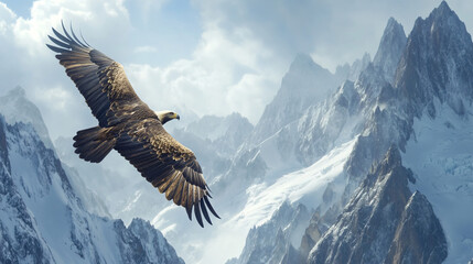 Fototapeta premium A majestic eagle soaring over a snow-covered mountain range.