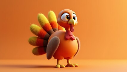 orange brown and yellow crafted felt turkey laying flat on an orange background with copy space banner/web/design