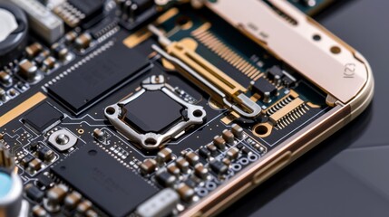 Disassembled mobile phone featuring electronic chip and cpu for tech repair and maintenance ads