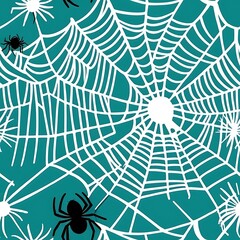 Obraz premium Spooky Spiderweb Seamless Pattern: A teal background is adorned with a repeating pattern of intricately detailed white spiderwebs, each punctuated by small, silhouetted black spiders.