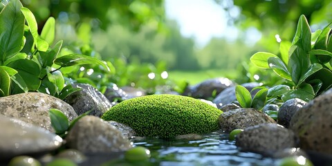 A serene stream flows gently among lush greenery and smooth stones, creating a peaceful natural scene.