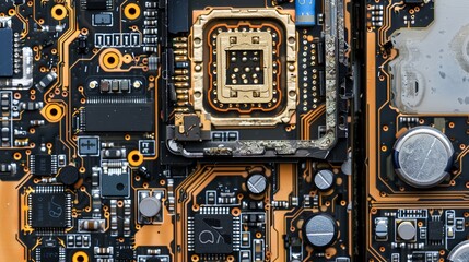 Fototapeta premium Disassembled mobile phone components electronic chip and cpu for repair and technology promotions