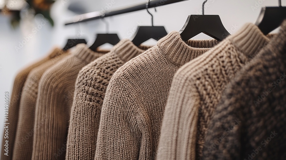 Poster several luxurious mocha mousse sweaters hang on display in a boutique, showcasing their rich texture