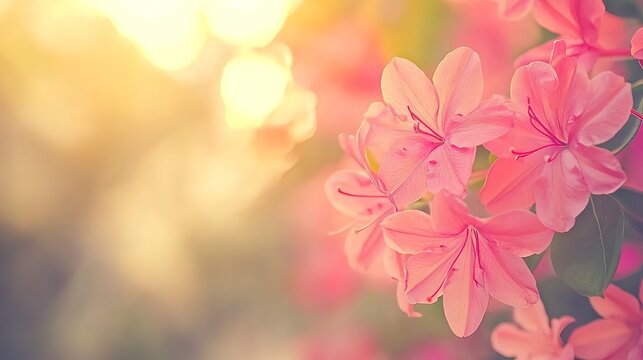 Pink azaleas bloom in soft sunlight, creating a peaceful, nature-inspired scene.
