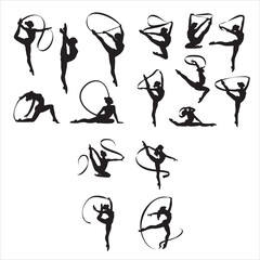 set of black various poses ribbon rhythmic gymnastics vector silhouette