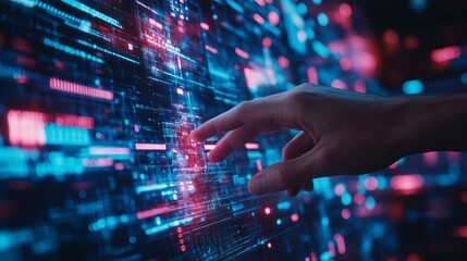 Engineer analyzing flowing data on virtual screen, big data technology, artificial intelligence, machine learning, business analytics