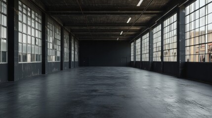 Spacious industrial interior with large windows and concrete floor
