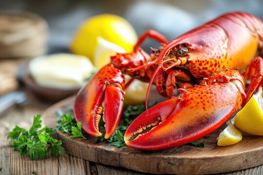 Freshly cooked lobster delighta closeup culinary experience coastal kitchen setting food photography rustic environment mouthwatering concept for seafood lovers