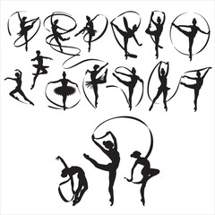 set of black various poses ribbon rhythmic gymnastics vector silhouette