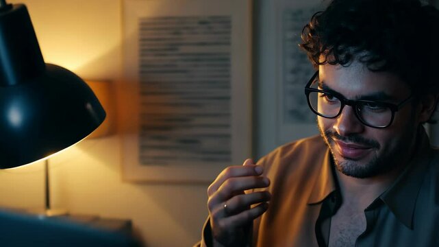 Young man with glasses reacts intently to adult content on computer screen, illuminated by monitor glow and desk lamp. Personal late-night moment of genuine surprise and guilty pleasure expression.
