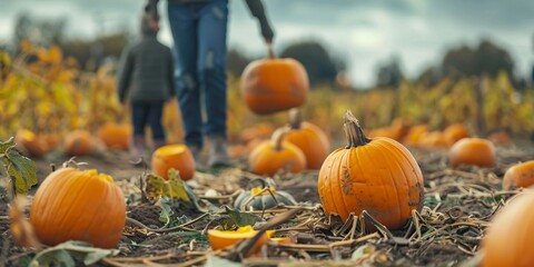 A Fun Day at the Pumpkin Patch with Family in Fall, Family Picking Pumpkins on a Crisp Autumn Day
