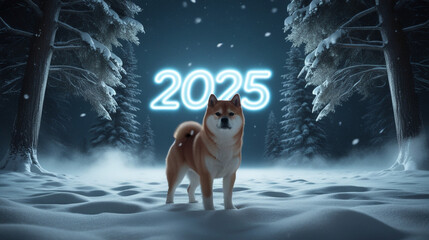 A Shiba Inu standing in a snowy landscape at night, with snowflakes glowing and a neon '2025' sign behind.