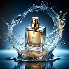 a bottle of perfume with a splash of water splashi