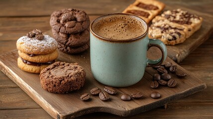 Steaming coffee and vintage mug with cookies on a wooden table cozy home setting rustic warmth inviting atmosphere