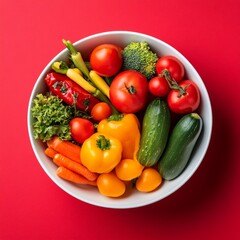 Vibrant bowl of fresh vegetables on red background
