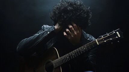 Obraz premium Young male musician deep in thought holding guitar in dark room