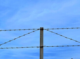 Barbed wire on a pole against the sky