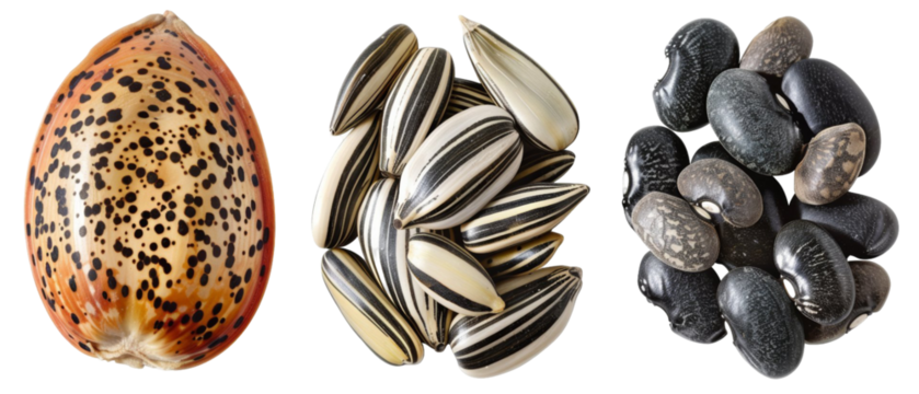 Seashell, sunflower seeds, and black beans.