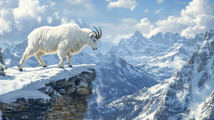 Fototapeta premium A mountain goat scaling a snowy cliffside in a harsh winter landscape.