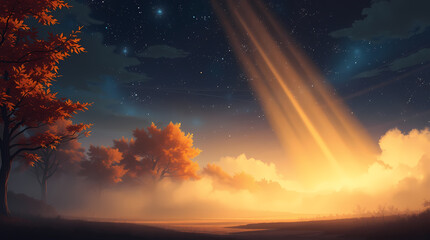 Fototapeta premium Digital artwork depicting a landscape at twilight. Orange-hued trees stand in a misty field as a bright, golden light beam descends from a night sky scattered with stars.