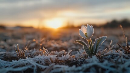 Single snowdrop flower blooming in frosty field at sunrise.