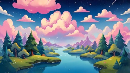 Pink clouds float above vibrant green hills and a winding river.