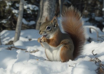 A delightful red squirrel in the midst of winter snow, set in England