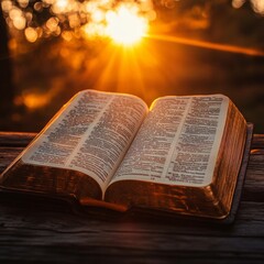 Fototapeta premium Open Bible with Radiant Sunset in Background