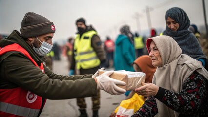 Humanitarian aid distribution in crisis zones: volunteers helping refugees in need