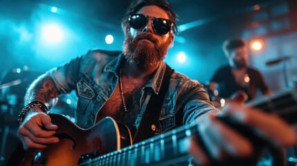 A bearded guitarist wearing sunglasses and a denim jacket plays on stage with vibrant backlighting,...