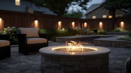 Serene Backyard Oasis: Evening Fire Pit Scene
