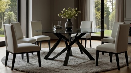 Modern glass dining table with six off-white chairs in a bright living room.