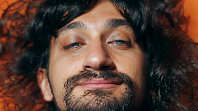 Weird man with long dark hair makes exaggerated flirting expressions and sends kisses. Close-up shot captures theatrical movements and playful gestures in quirky humorous style.
