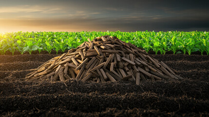 pile of organic biomass on fertile farm field with vibrant green crops