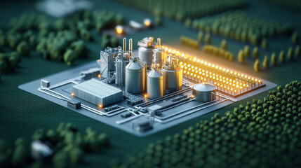 Futuristic bioenergy plant with glowing lights in green rural landscape