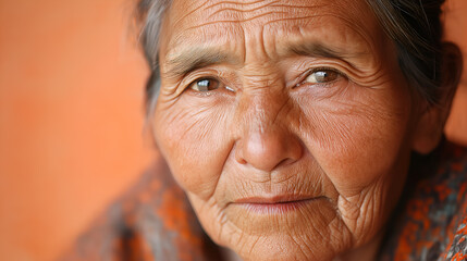 Elderly woman with a peaceful expression on a soft peach backdrop, gray hair