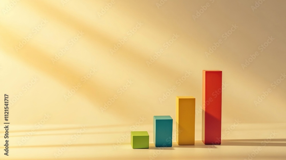 Poster a 3d bar graph with rising colored blocks, casting long shadows on a light gradient background for a