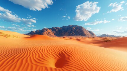 Naklejka premium Awe-Inspiring Desert Landscape with Dramatic Mountains and Azure Sky. Breathtaking Scenery of Dunes and Peaks. A Stunning View of the Desert. A Majestic Desert Panorama.