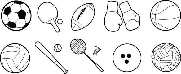 doodle assorted icons for sports, vector illustration of soccer, takrau, baseball, basketball, badminton, volleyball, bowling, and boxing