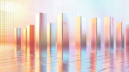 Fototapeta premium A 3D bar graph with smooth, reflective bars in gradient shades, each bar representing data, with a modern digital grid in the background