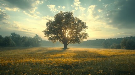 Fototapeta premium Serene Sunrise in a Wildflower Meadow: A Picturesque Country Morning