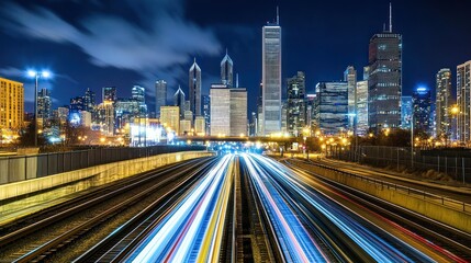 Night Lights of Chicago: Cityscape with Train Tracks and Light Trails
