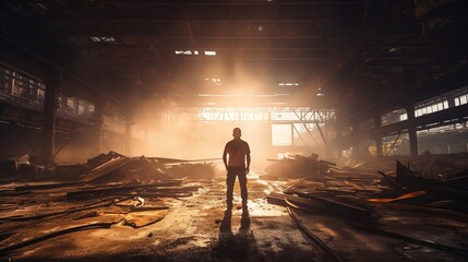 Fototapeta premium Worker on a factory floor, soft natural light, space on the left,generative ai illustration