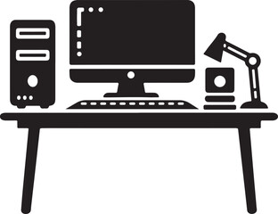 Computer desk with PC icon with  a lamp and soundbox in modern silhouette style design. Vector illustration isolated on white background.