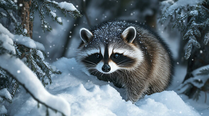 A raccoon digging through snow in search of food in a winter forest.