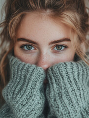 Cozy moments captured as a woman playfully hides her face in a fluffy sweater